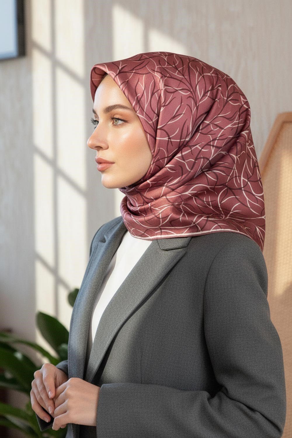 %100 Twill İpek Degrade Desenli Gül Kurusu Renkli 90x90 Eşarp Dikim Şekli : El Dikişi