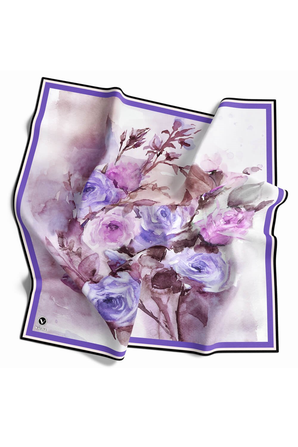 Rayon Çiçek Desenli Mor Renkli 90x90 Eşarp (İpek İçermez) Kenar Dikiş Şekli El Dikişli