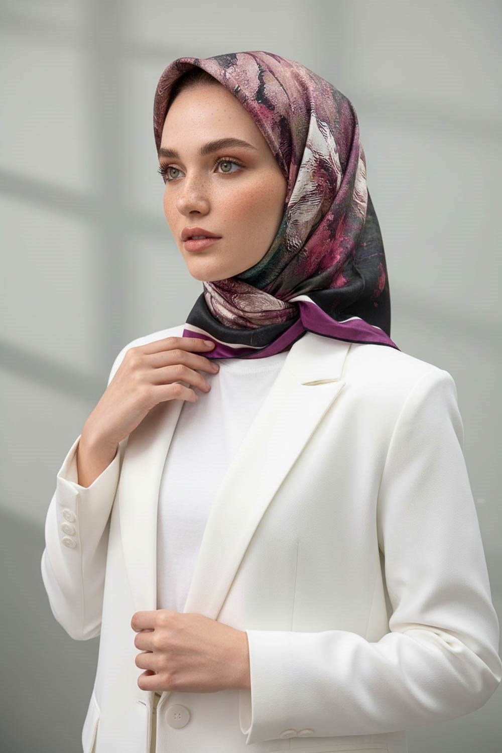 %100 Twill İpek Yağlı Boya Çiçek Desenli Mürdüm - Petrol Yeşili Renkli 90x90 Eşarp Dikim Şekli : El Dikişi