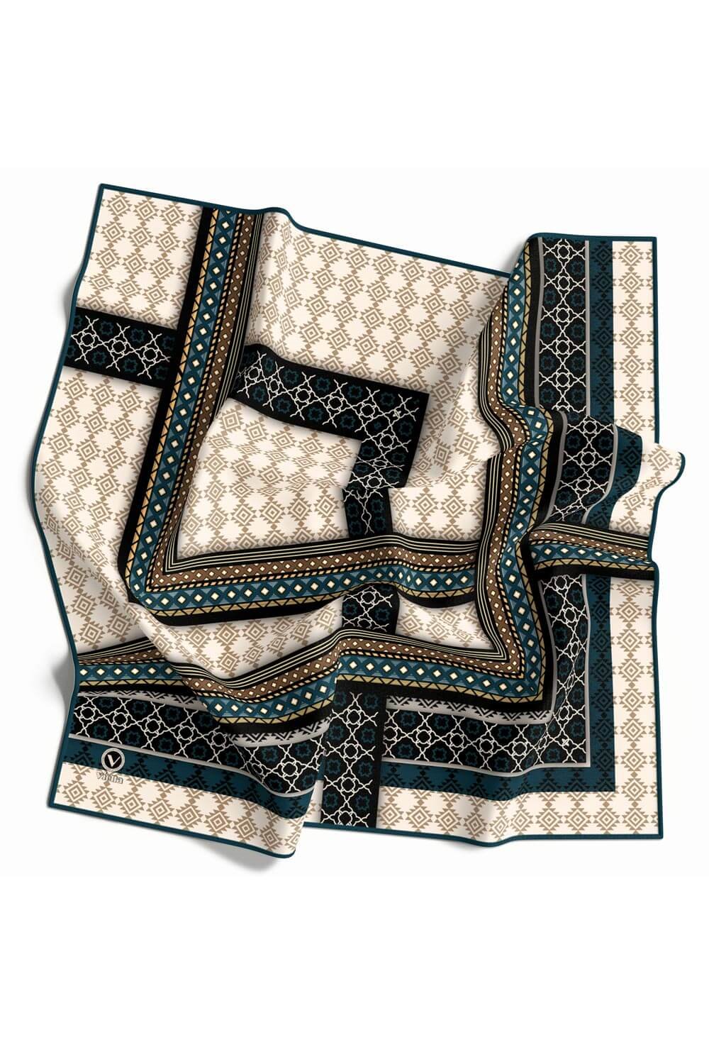 Twill Etnik Desenli Petrol Mavisi Renkli 90x90 Eşarp (İpek İçermez) Kenar Dikiş Şekli El Dikişli