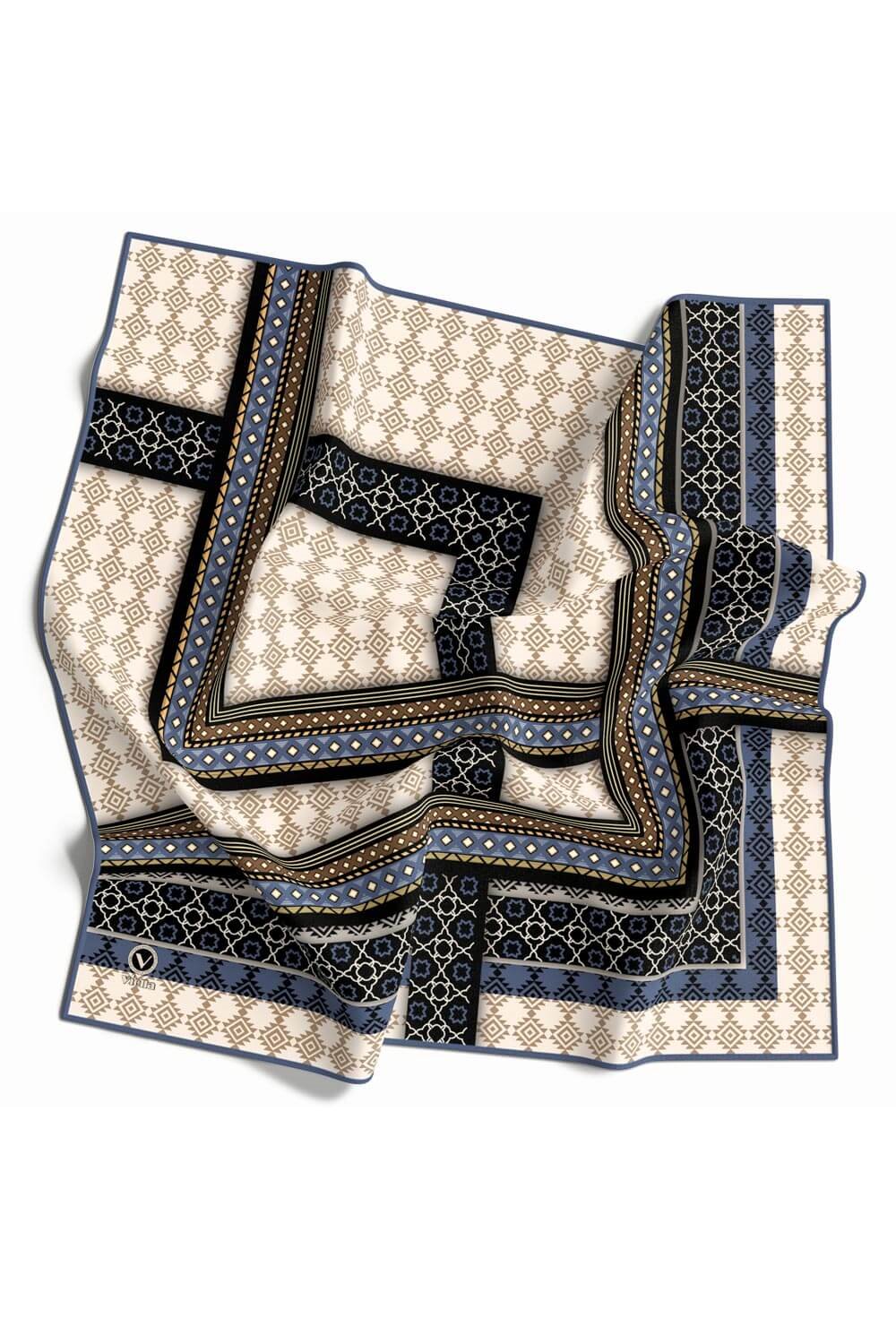 Twill Etnik Desenli Bebe Mavisi Renkli 90x90 Eşarp (İpek İçermez) Kenar Dikiş Şekli El Dikişli