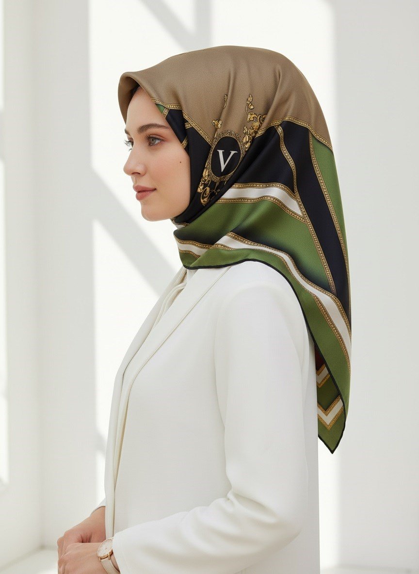 %100 Twill İpek Baroklu Ve Geometrik Desenli Haki - Bej Renkli 90x90 Eşarp Dikim Şekli : El Dikişi