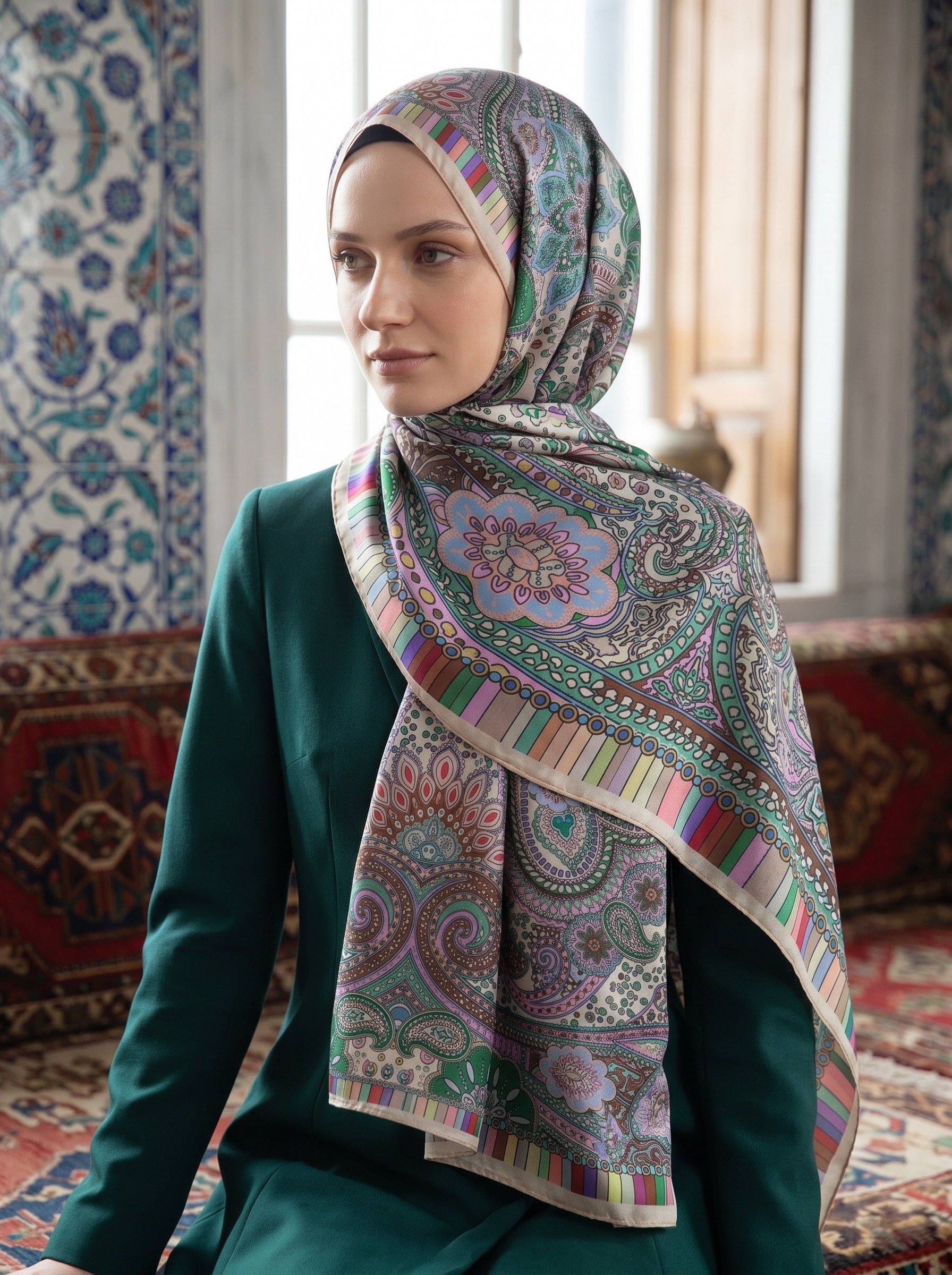 %100 Saf İpek Şal İnce Saten Vual Dokuma Etro Desenli Taş Renkli 90x210 Şal
