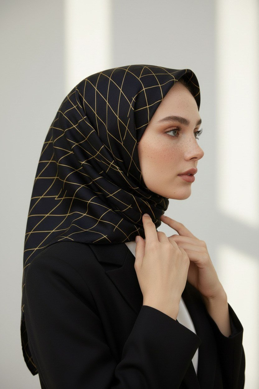 % 57 İPEK % 43 VİSKON Twill Çizgili Desenli Sarı - Siyah Renkli 90x90 Eşarp Dikim Şekli: El Dikişi