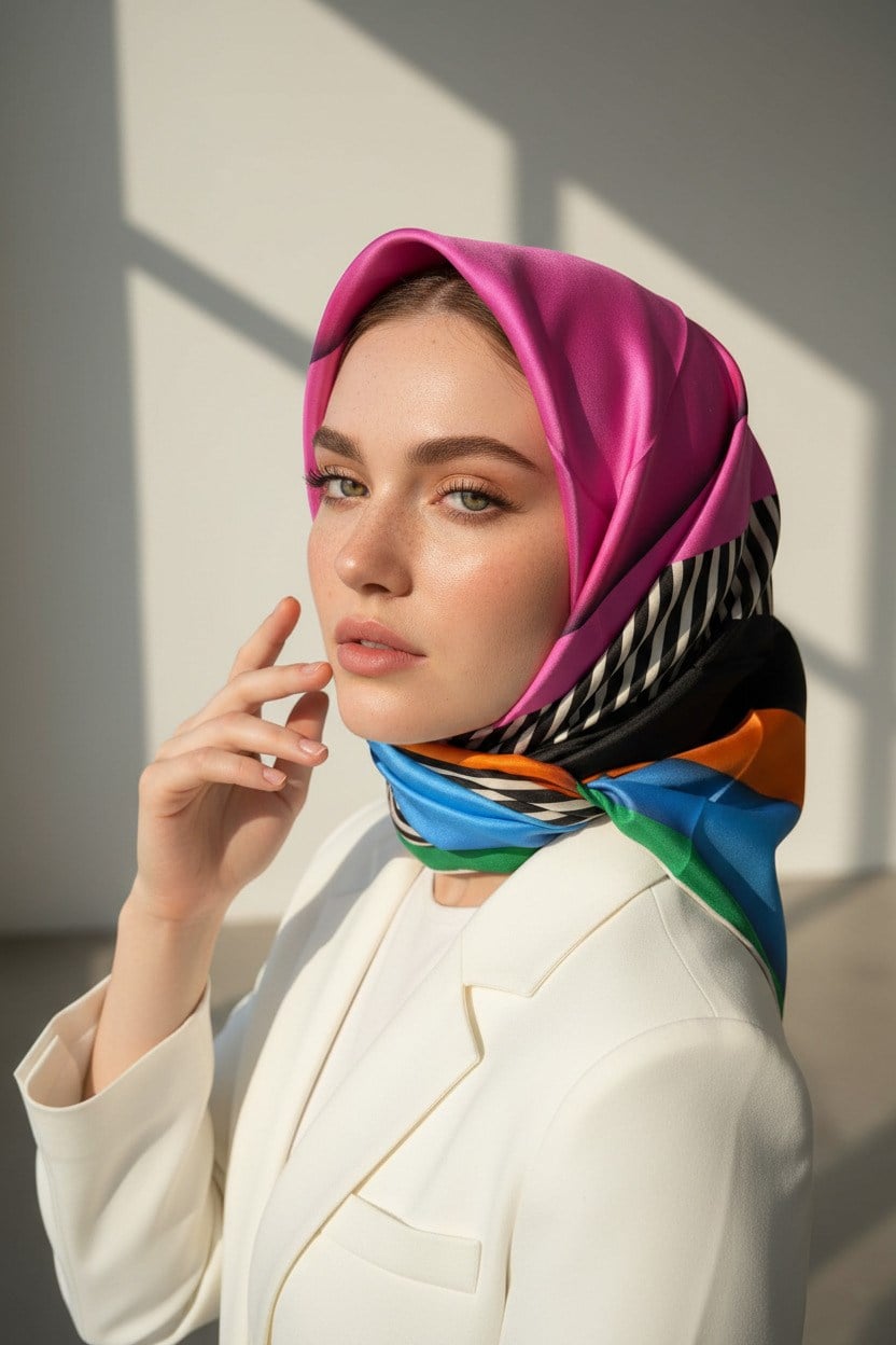 %100 Twill Renk Bloklu Çizgili Desenli Bebe Mavisi - Pembe Renkli 90x90 Eşarp Dikim Şekli: El Dikişii