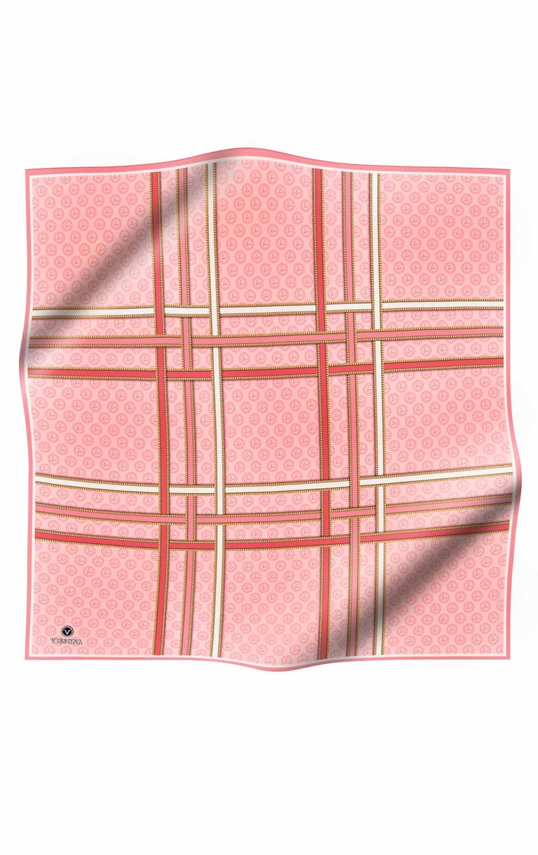 %100 Twill İpek Gold Şeritli Monogram Desenli Nar Çiçeği - Krem Renkli 90x90 Eşarp Dikim Şekli : El Dikişi