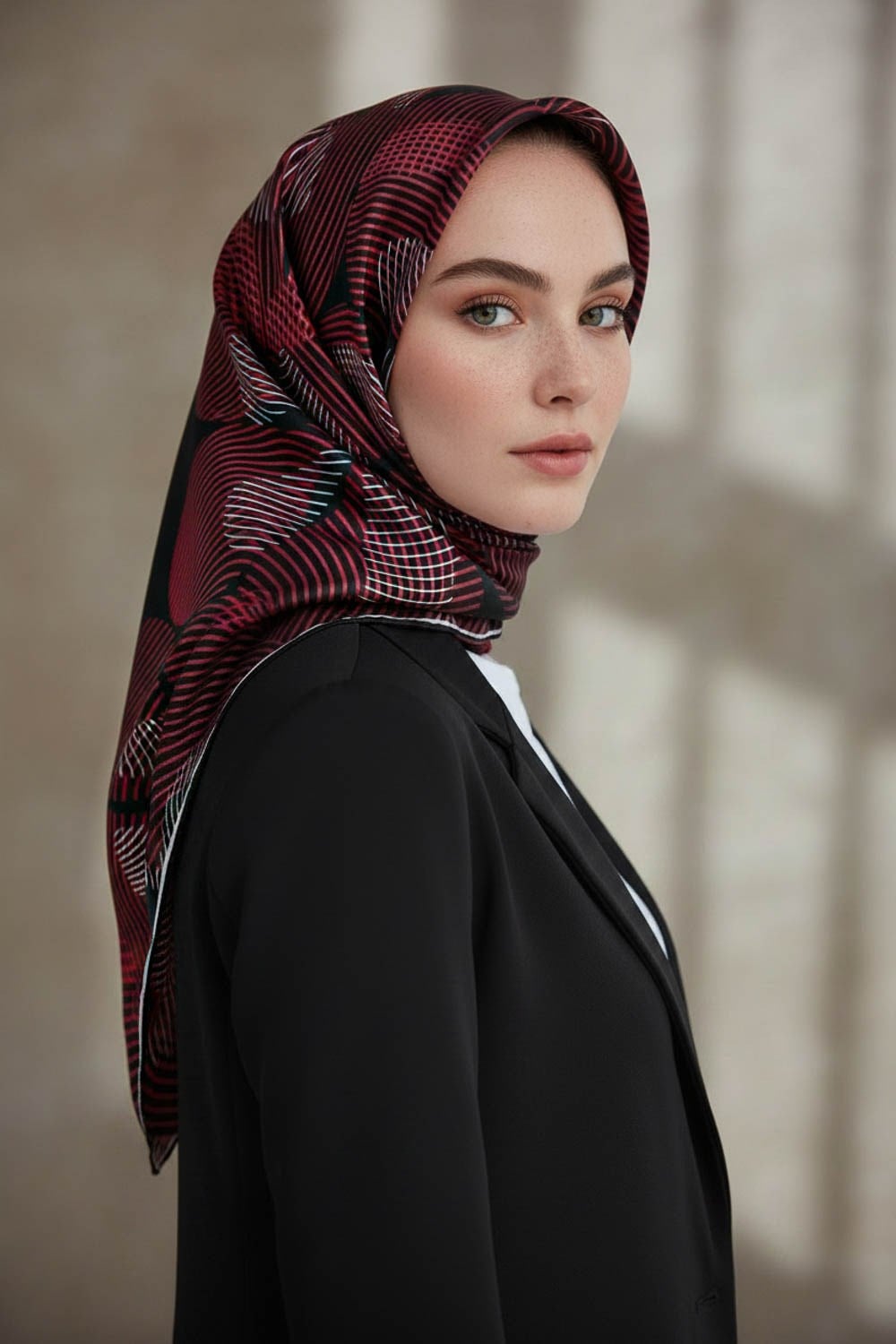 %100 Twill İpek Çizgili Çiçek Desenli Siyah - Bordo Renkli 90x90 Eşarp Dikim Şekli : El Dikişi