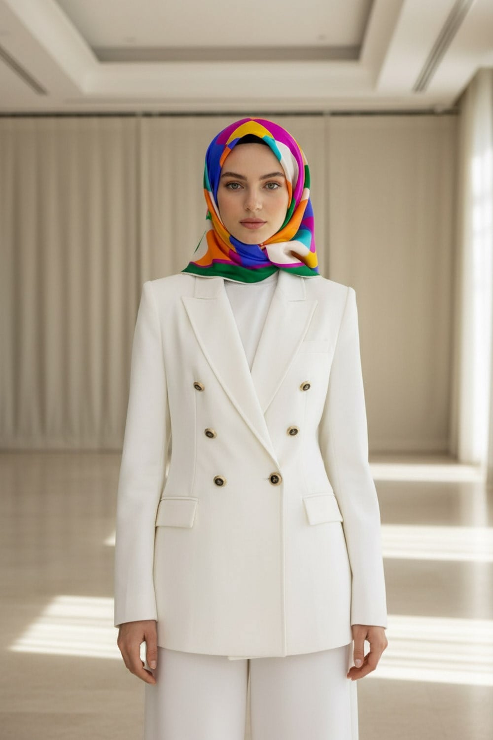 %100 Twill Renk Bloklu Çizgili Desenli Mor - Turuncu Renkli 90x90 Eşarp Dikim Şekli: El Dikişii