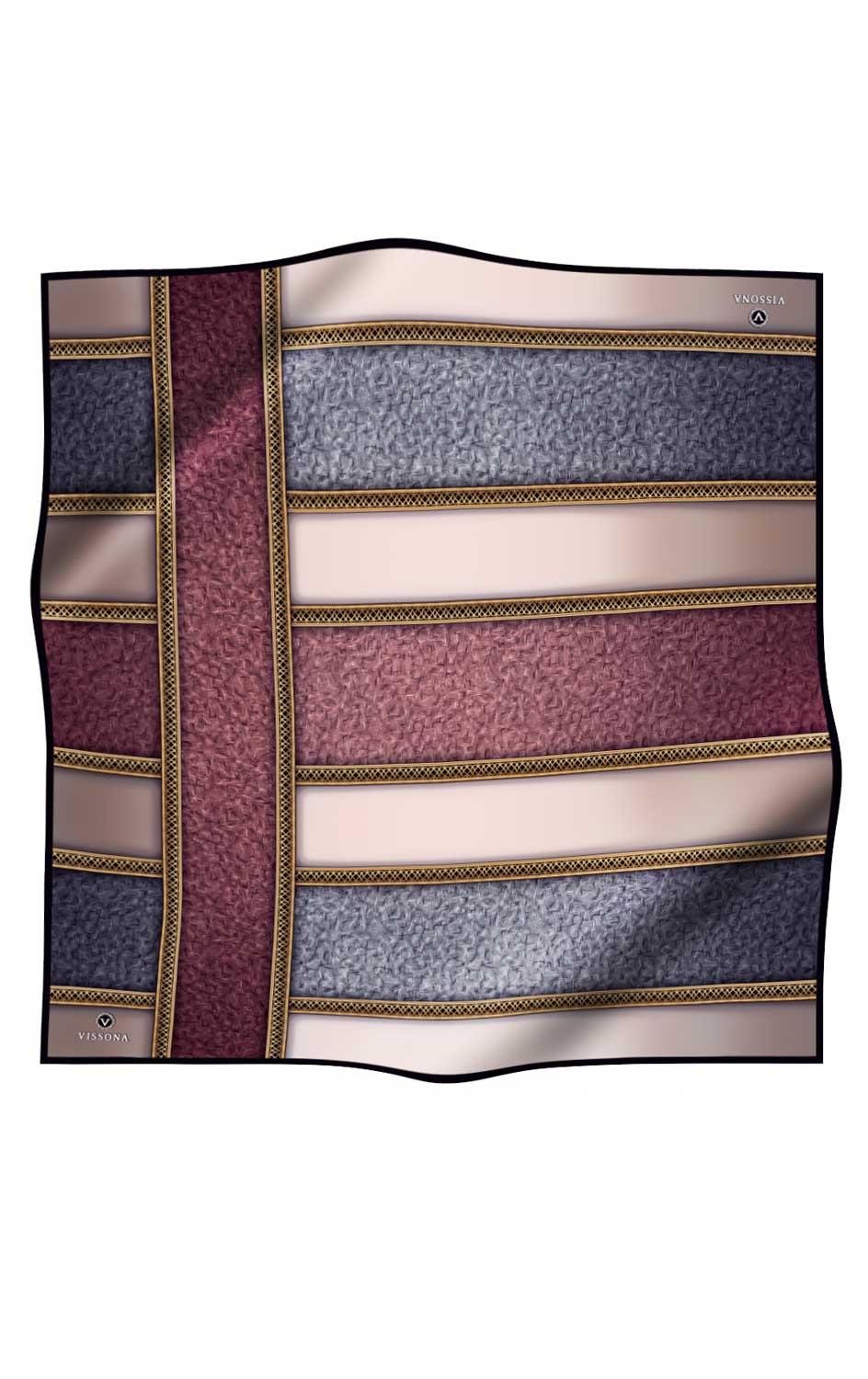 %100 Twill İpek Dokulu Ve Şerit Desenli Gri - Pudra Renkli 90x90 Eşarp Dikim Şekli : El Dikişi