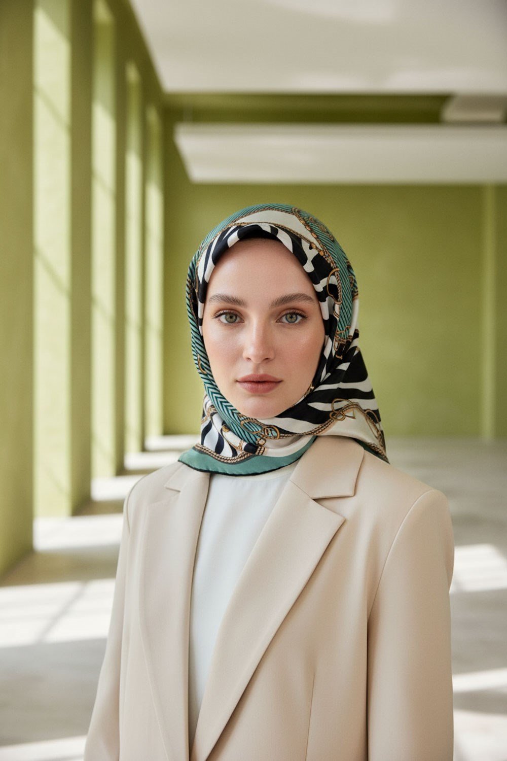 %100 Twill İpek Zincirli Ve Zebra Desenli Su Yeşili - Krem Renkli 90x90 Eşarp Dikim Şekli : El Dikişi