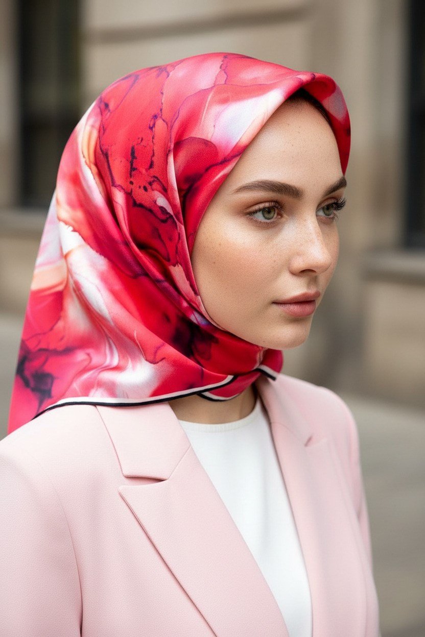 %100 Twill İpek Batik Çiçek Desenli Kırmızı - Lacivert Renkli 90x90 Eşarp Kenar Dikiş Şekli El Dikişli