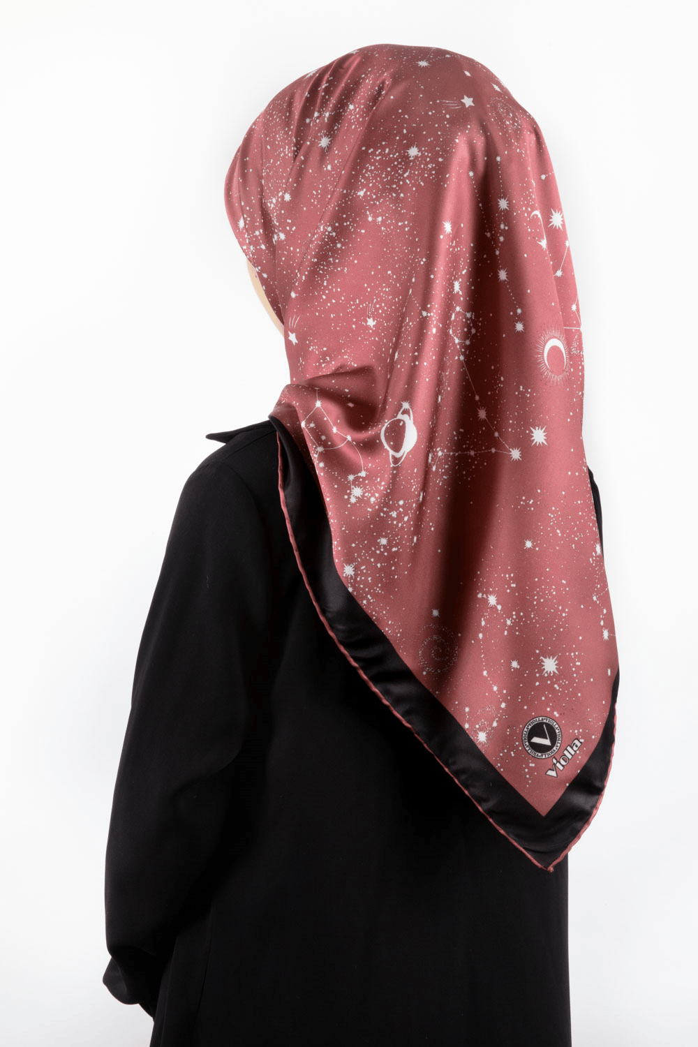 Twill Galaksi Desenli Gül Kurusu Renkli 90x90 Eşarp (İpek İçermez) Kenar Dikiş Şekli El Dikişli