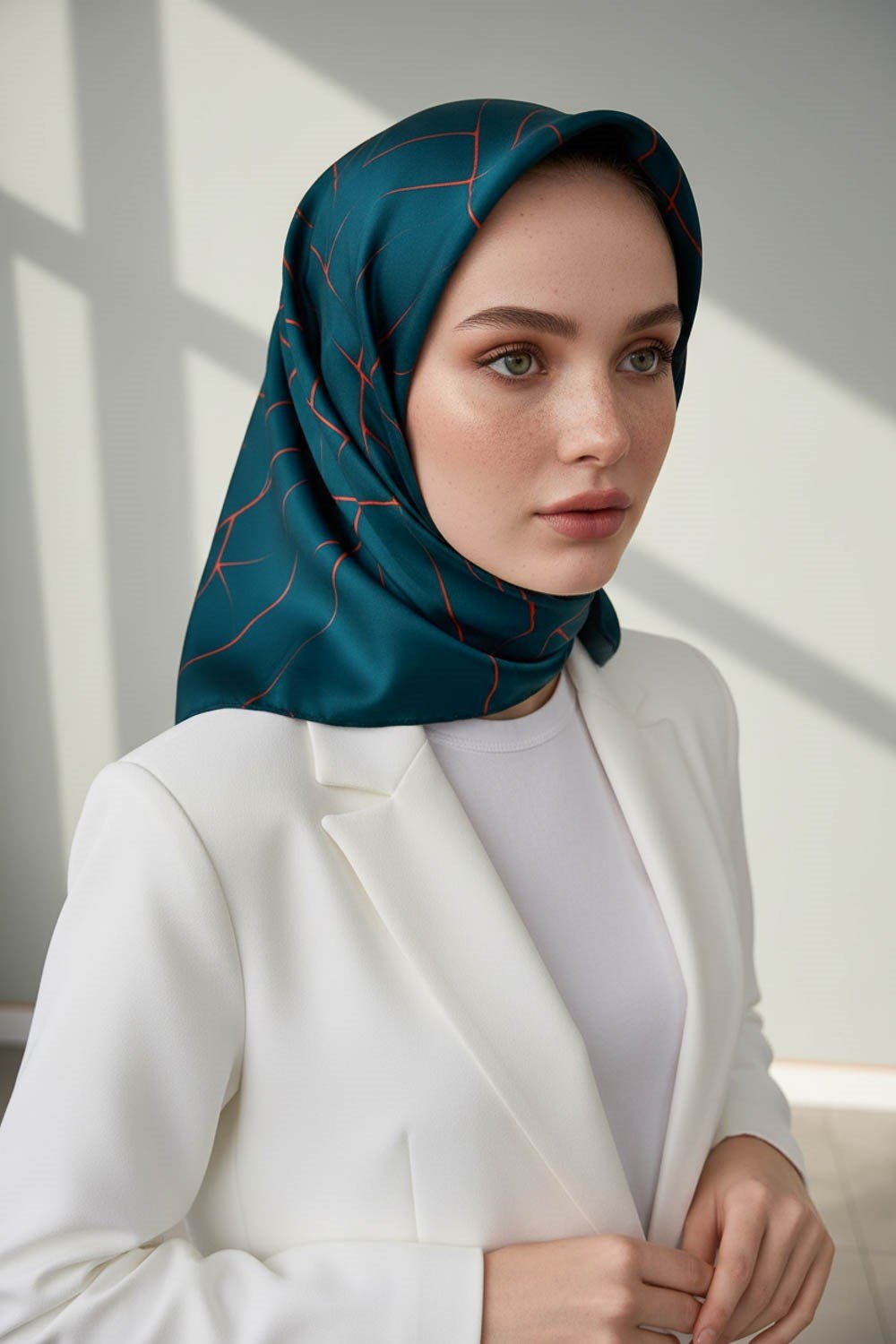 %100 Twill İpek Çizgi Desenli Petrol Yeşili - Turuncu Renkli 90x90 Eşarp Dikim Şekli : El Dikişi