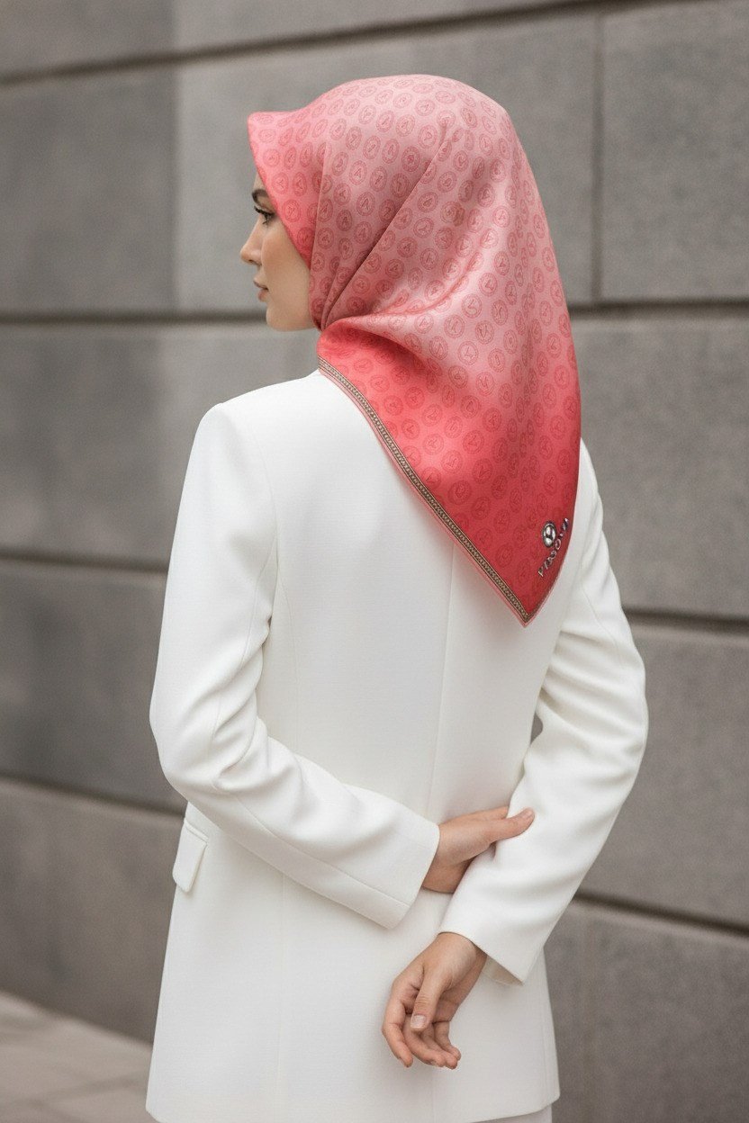 % 57 İPEK % 43 VİSKON Twill İpek Monogram Desenli Pudra Renkli 90x90 Eşarp Dikim Şekli : El Dikişi
