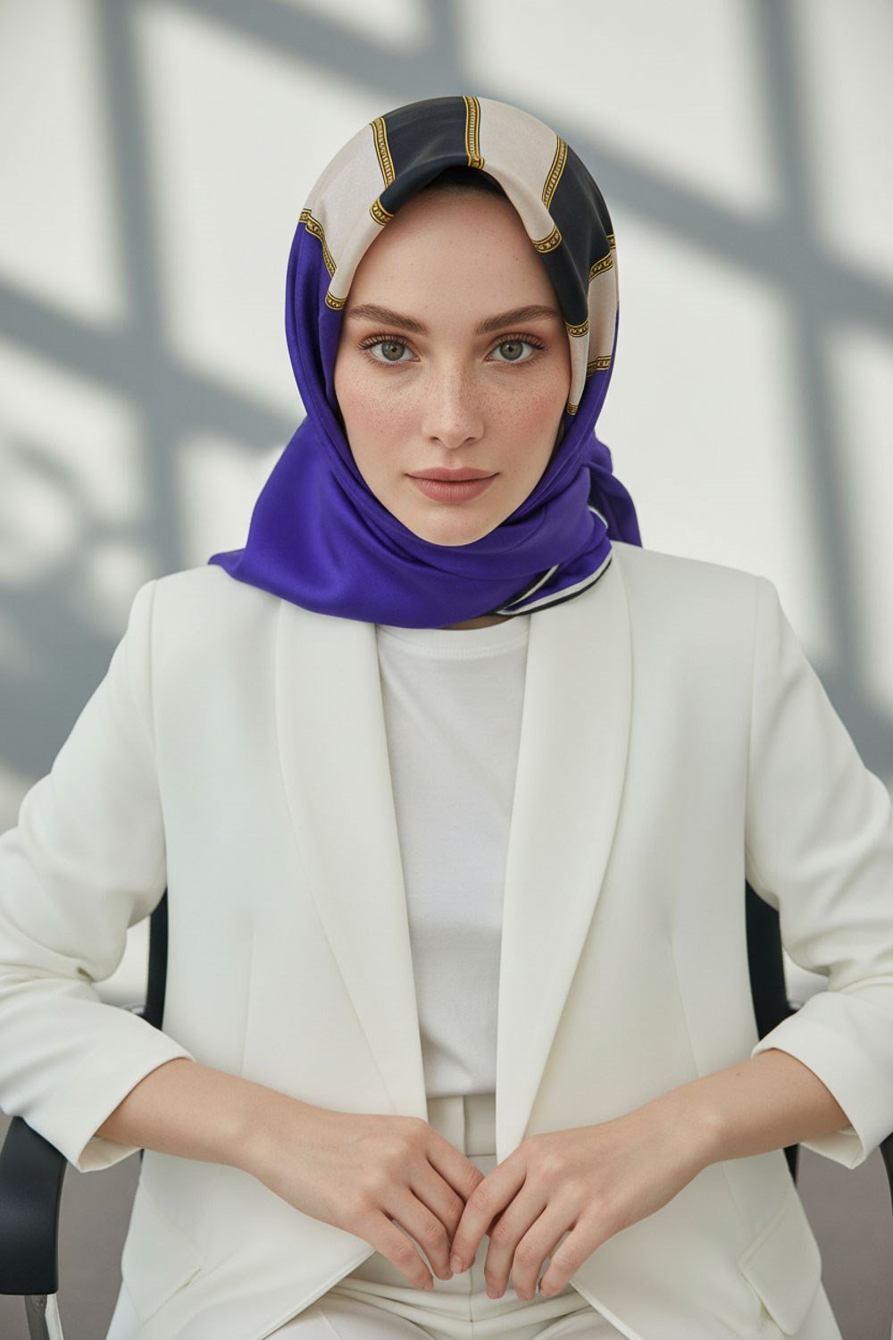 %100 Twill İpek Eşarp 90x90 Çizgili Barok Detaylı El Dikişli Kadın Eşarp