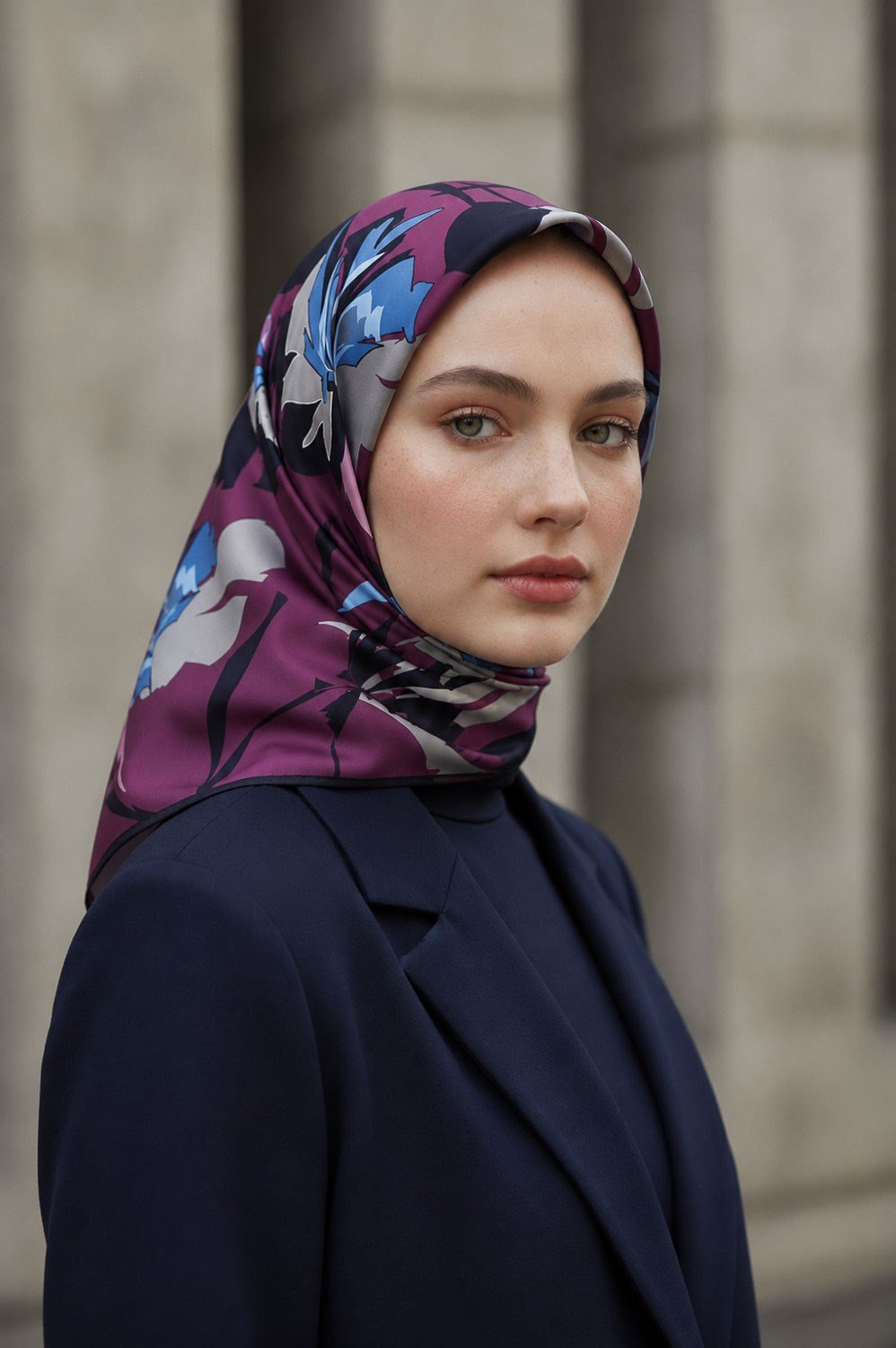 %100 Twill İpek Çiçek Desenli Mürdüm - Siyah Renkli 90x90 Eşarp Dikim Şekli : El Dikişi