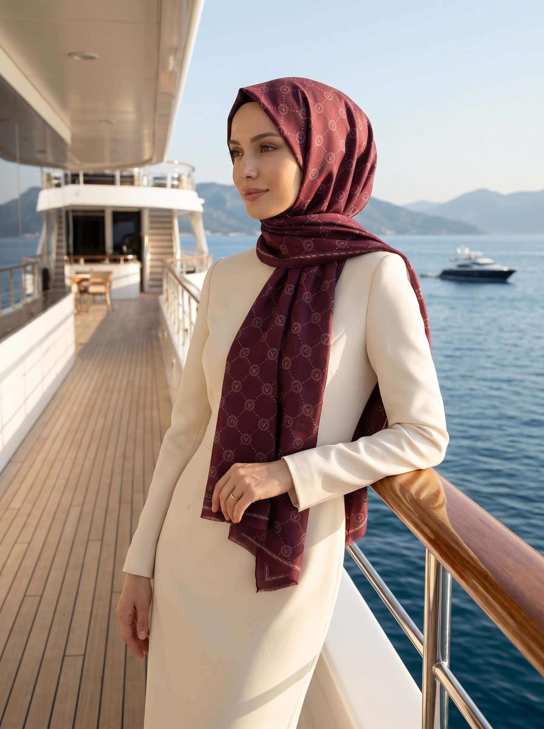 %100 Saf İpek Şal İnce Saten Vual Dokuma V Logo Desenli Bordo 2 Renkli 90x210 Şal