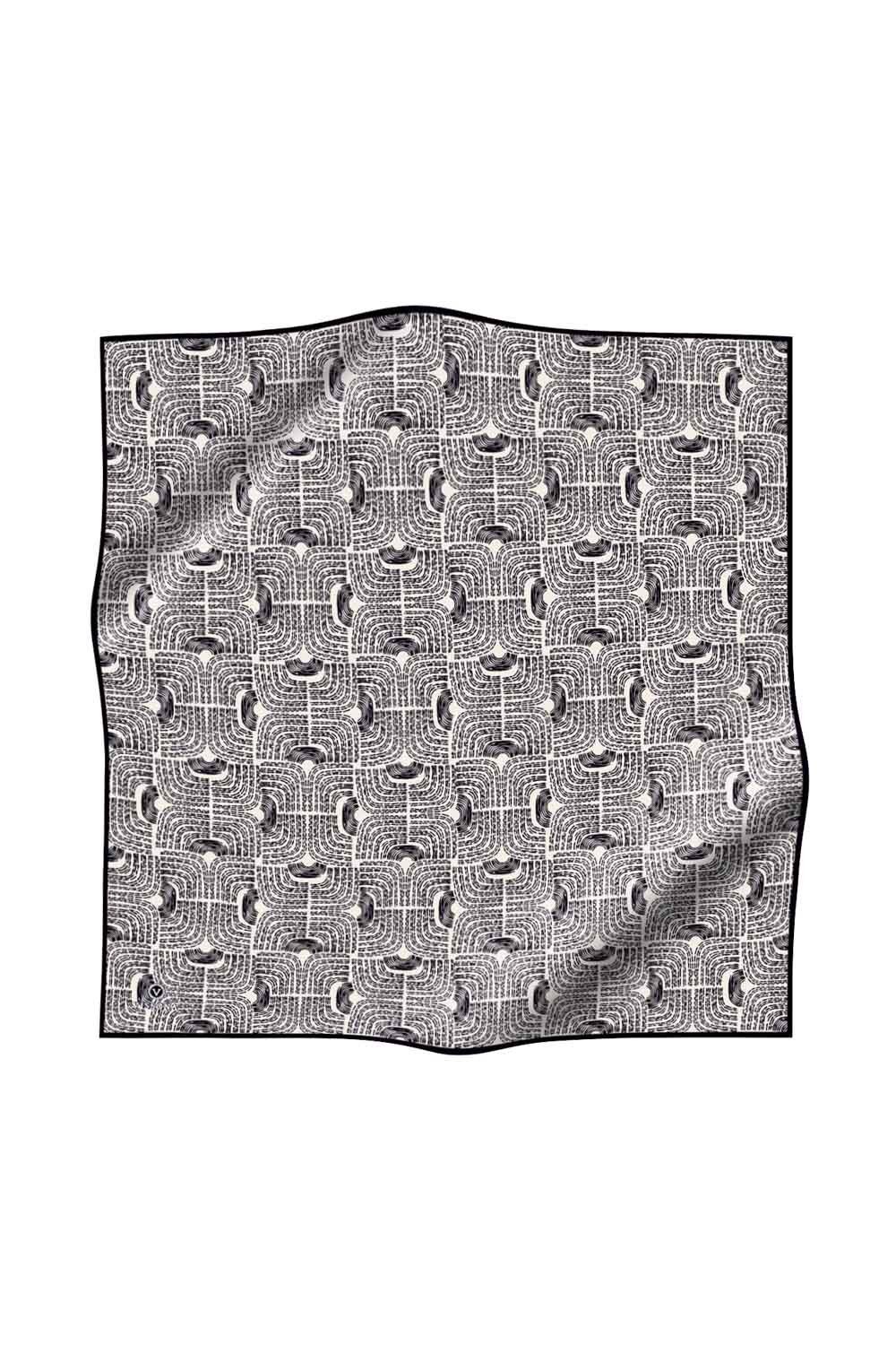 %100 Twill İpek Geometrik Desenli Siyah - Beyaz Renkli 90x90 Eşarp Dikim Şekli : El Dikişi