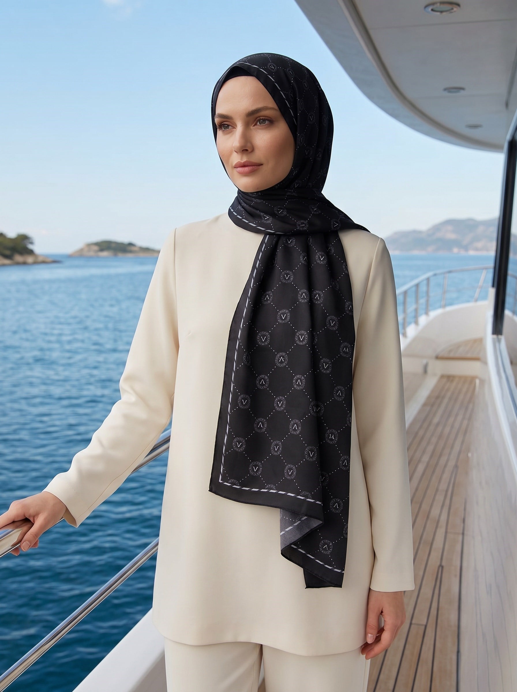 %100 Saf İpek Şal İnce Saten Vual Dokuma V Logo Desenli Siyah - Gri Renkli 90x210 Şal