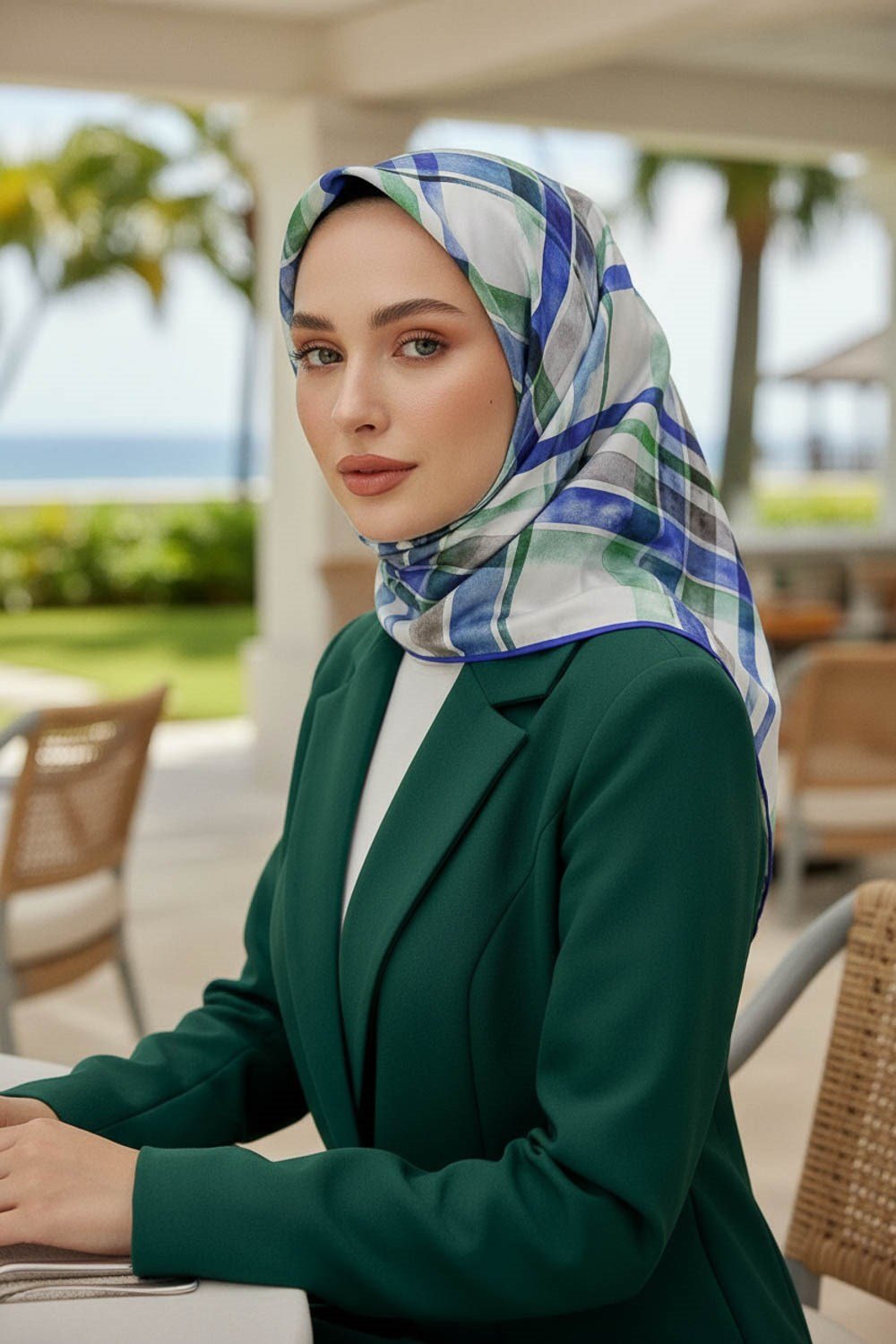 %100 Twill İpek Ekose Desenli Saks - Zümrüt Yeşili Renkli 90x90 Eşarp Kenar Dikiş Şekli El Dikişli