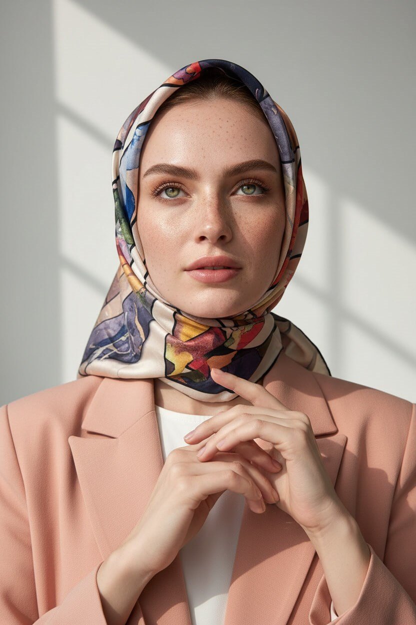 %100 Twill İpek Bahar Çiçekleri Desenli Pudra - Bebe Mavisi Renkli 90x90 Eşarp Kenar Dikiş Şekli El Dikişli