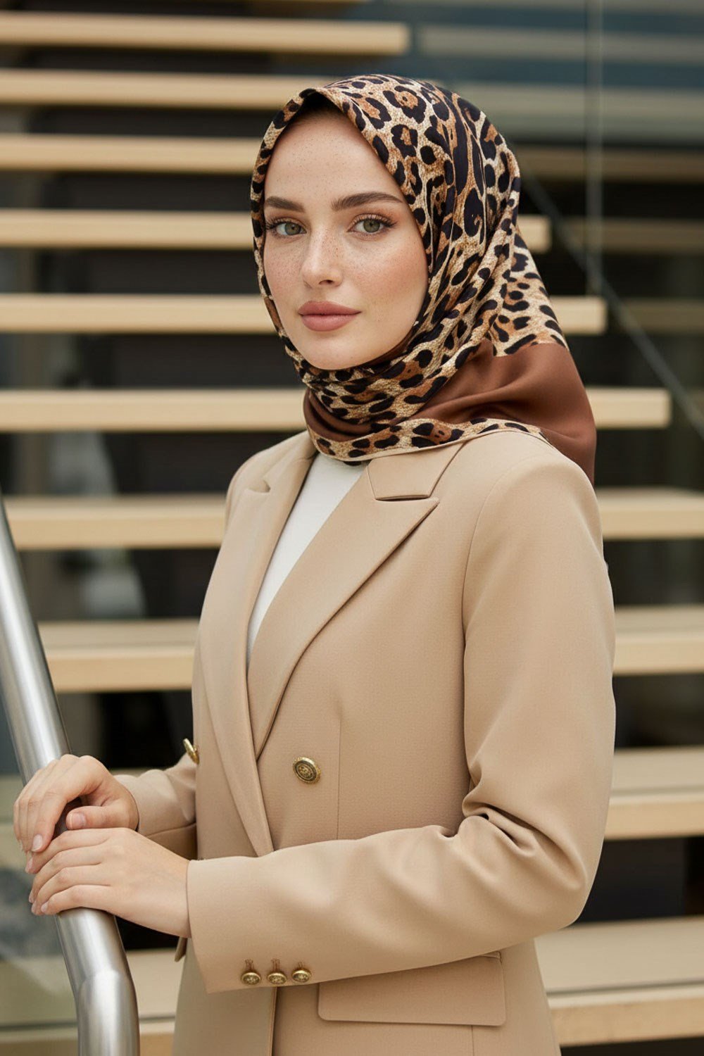 %100 Twill İpek Leopar Desenli Sütlü Kahve Renkli 90x90 Eşarp Dikim Şekli : El Dikişi