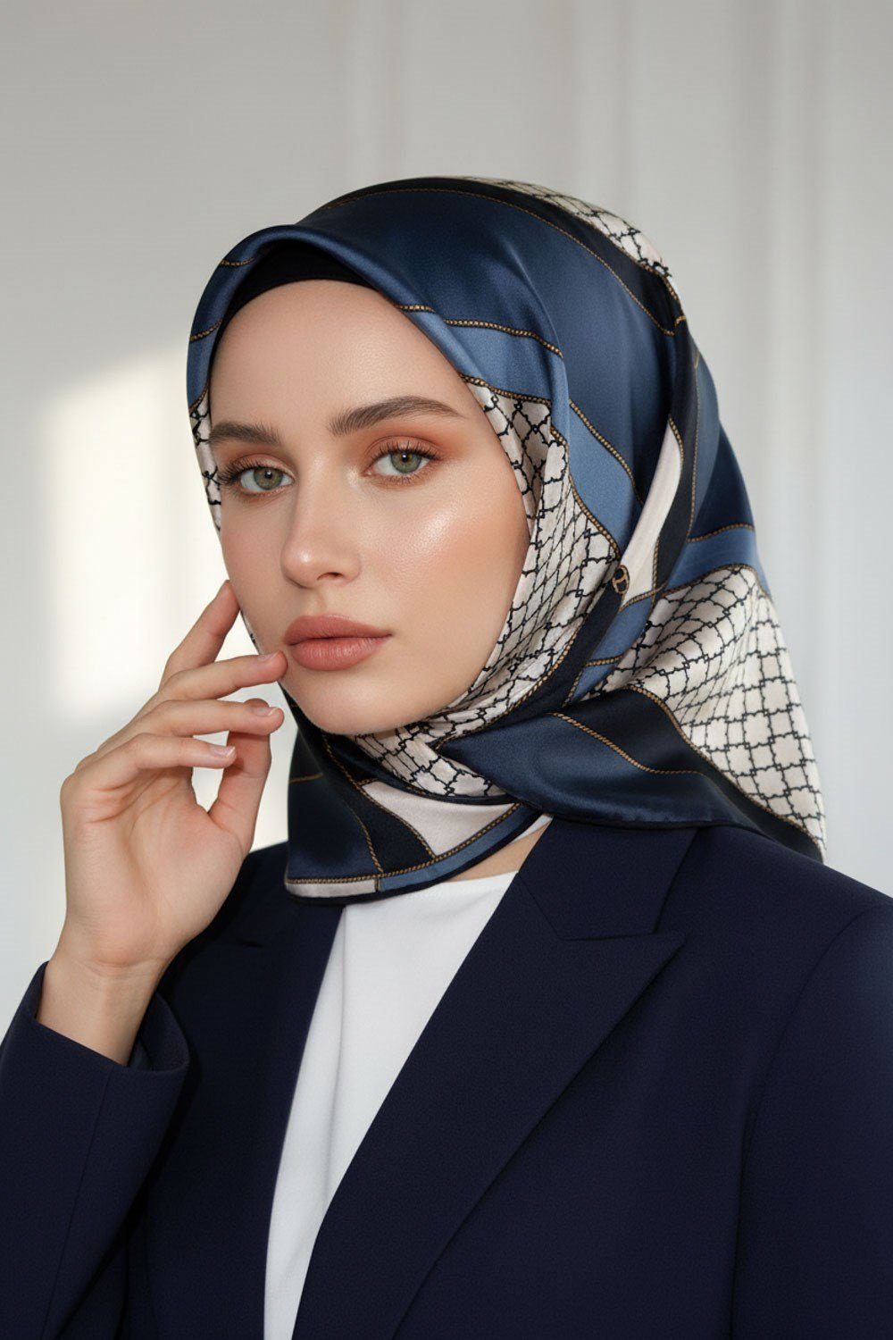 %100 Twill İpek Geometrik Desenli Lacivert - İndigo Renkli 90x90 Eşarp Dikim Şekli : El Dikişi