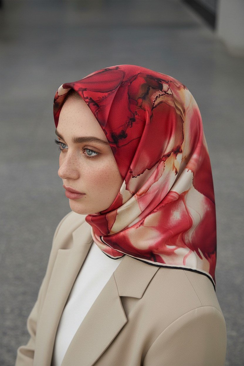%100 Twill İpek Batik Çiçek Desenli Bordo - Hardal Renkli 90x90 Eşarp
