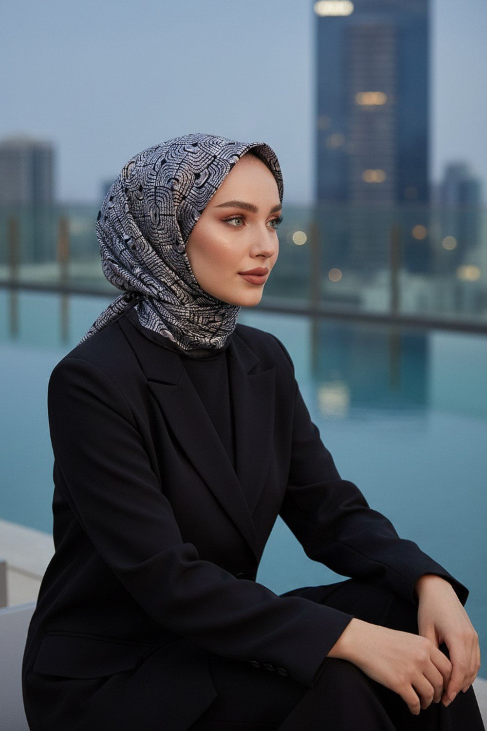 %100 Twill İpek Geometrik Desenli Beyaz - Siyah Renkli 90x90 Eşarp Dikim Şekli : El Dikişi