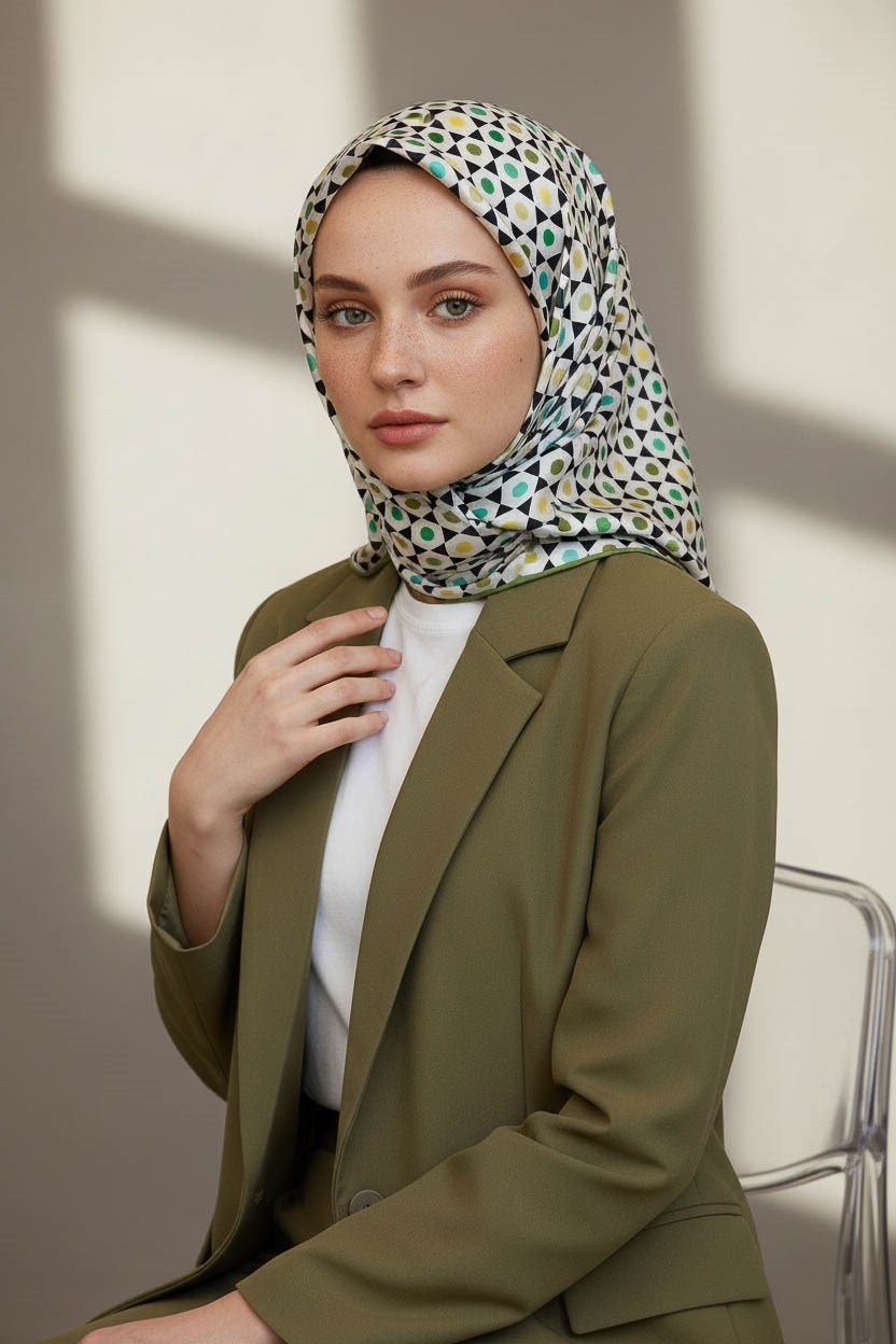 %100 Twill İpek Nokta Desenli Krem - Haki Renkli 90x90 Eşarp Dikim Şekli : El Dikişi