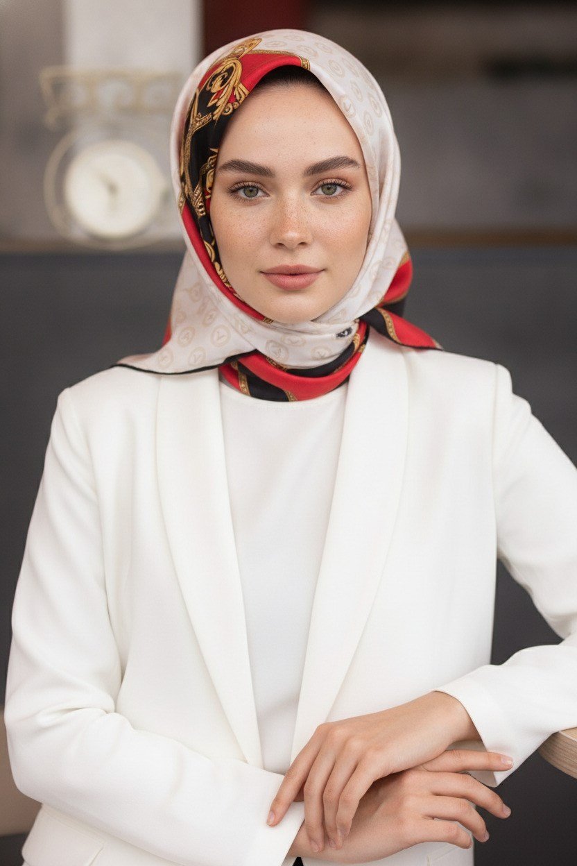 %100 Twill İpek Monogramlı Ve Barok Desenli Kırmızı - Krem Renkli 90x90 Eşarp Dikim Şekli : El Dikişi