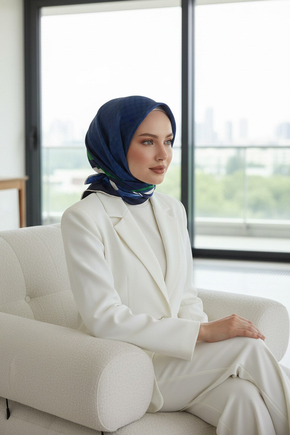 % 57 İPEK % 43 VİSKON Twill İpek Degrade Desenli Lacivert - Zümrüt Yeşili Renkli 90x90 Eşarp Dikim Şekli : El Dikişi