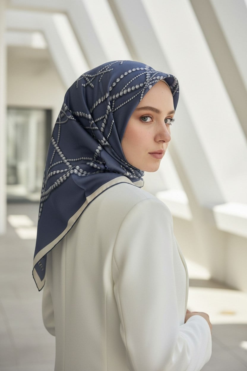 %100 Twill İpek İnci Desenli İndigo Renkli 90x90 Eşarp Kenar Dikiş Şekli : El Dikişli