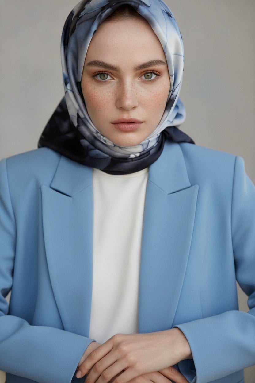 % 57 İPEK % 43 VİSKON Twill İpek Batik Çiçek Desenli Gri - İndigo Renkli 90x90 Eşarp Kenar Dikiş Şekli El Dikişli