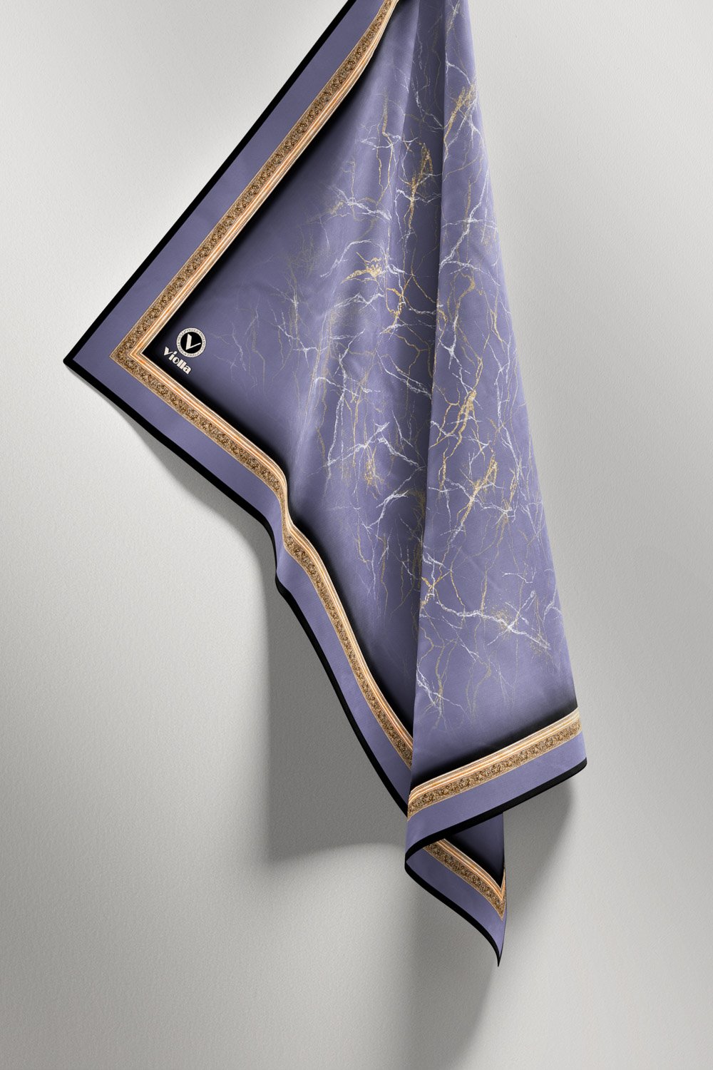 Twill Barok Çerçeveli Mermer Desenli İndigo Renkli 90x90 Eşarp (İpek İçermez) Kenar Dikiş Şekli El Dikişli