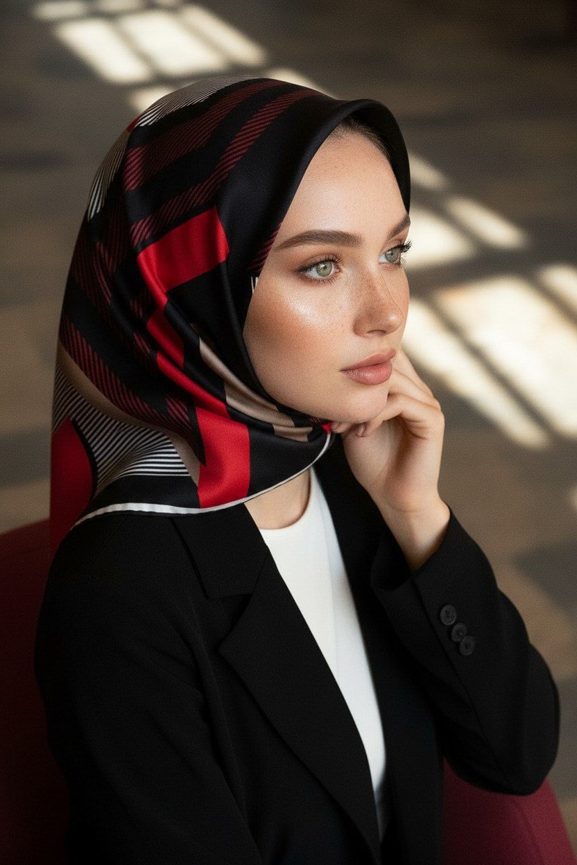 %100 Twill İpek Geometrik Desenli Bordo - Siyah Renkli 90x90 Eşarp Dikim Şekli : El Dikişi