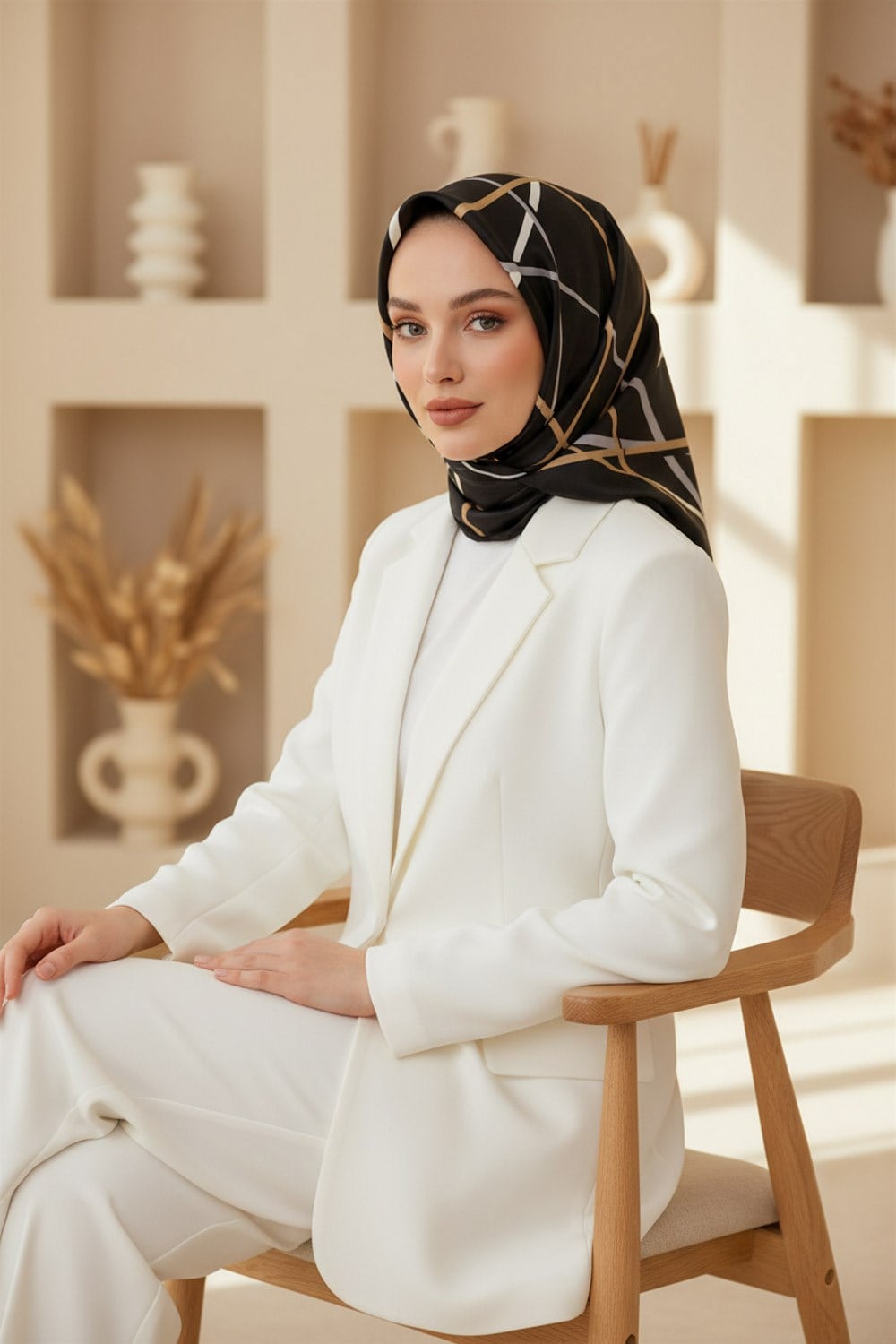 %57 İPEK %43 VİSKON Twill İpek Çizgili Desenli Siyah - Gold Renkli 90x90 Eşarp Dikim Şekli : El Dikişi