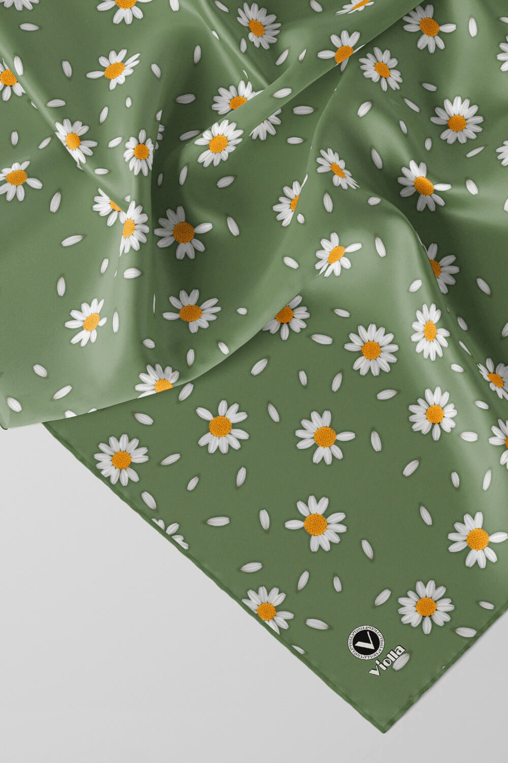 Twill Papatya Desenli Koyu Mint Yeşili Renkli 90x90 Eşarp (İpek İçermez) Kenar Dikiş Şekli El Dikişli