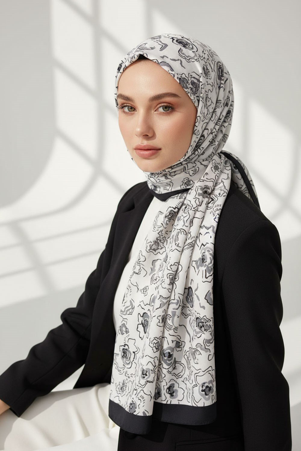 KREP ÇİÇEKLİ GÜMÜŞ - GRİ RENKLİ 75X195 KIRIŞMAZ ŞAL