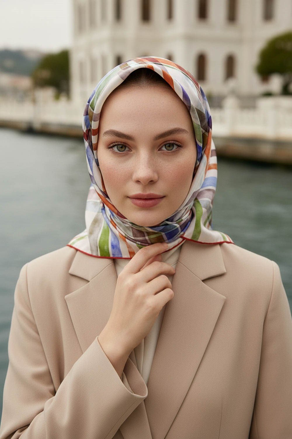 %100 Twill İpek Ekose Desenli Taba - Haki Renkli 90x90 Eşarp Kenar Dikiş Şekli El Dikişli