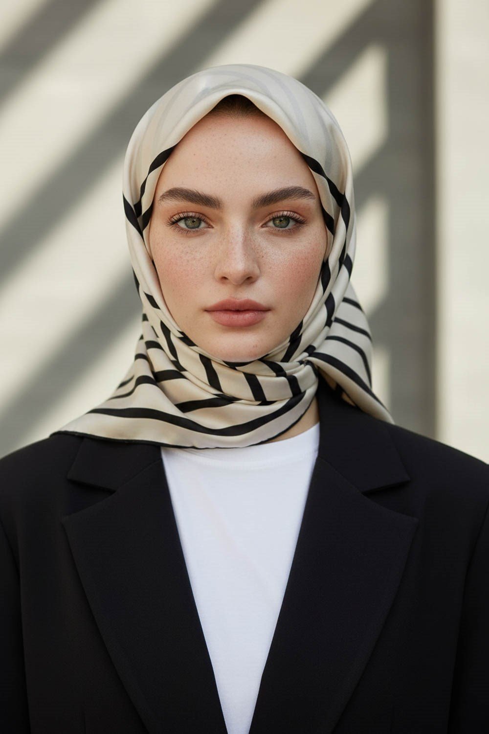 %100 Twill İpek Çizgili Desenli Krem - Siyah Renkli 90x90 Eşarp Dikim Şekli : El Dikişi