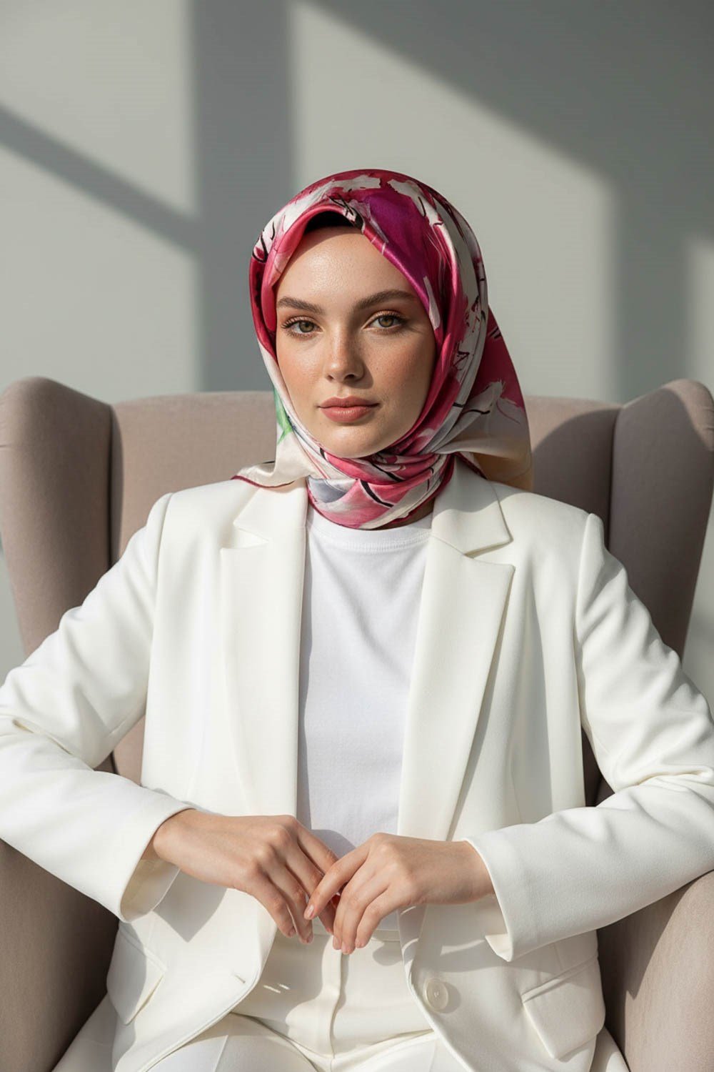%100 Twill İpek Sulu Boya Çiçek Desenli Kırmızı - Fuşya Renkli 90x90 Eşarp Dikim Şekli : El Dikişi
