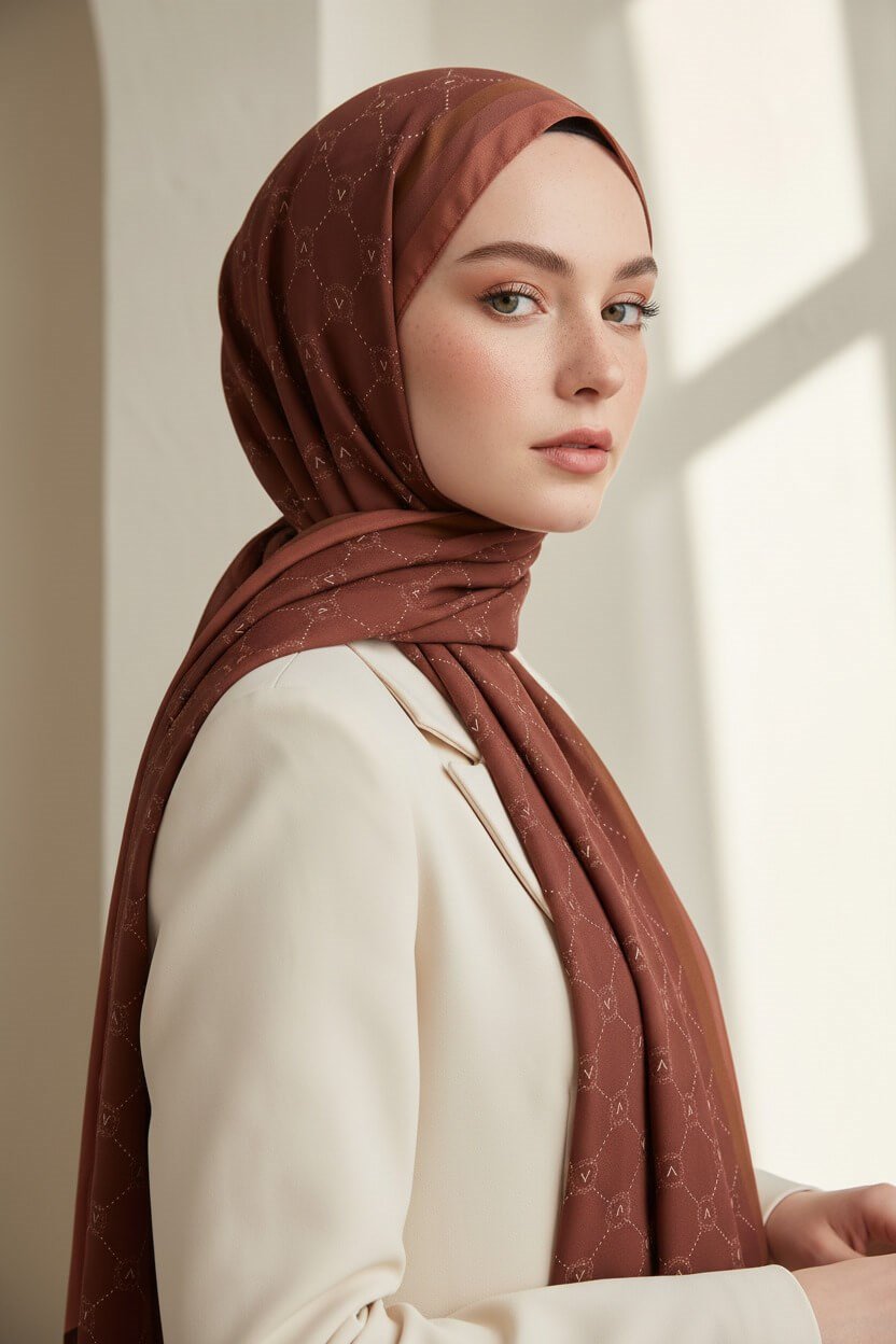 KREP MONOGRAM DESENLİ TABA RENKLİ 75X195 KIRIŞMAZ ŞAL