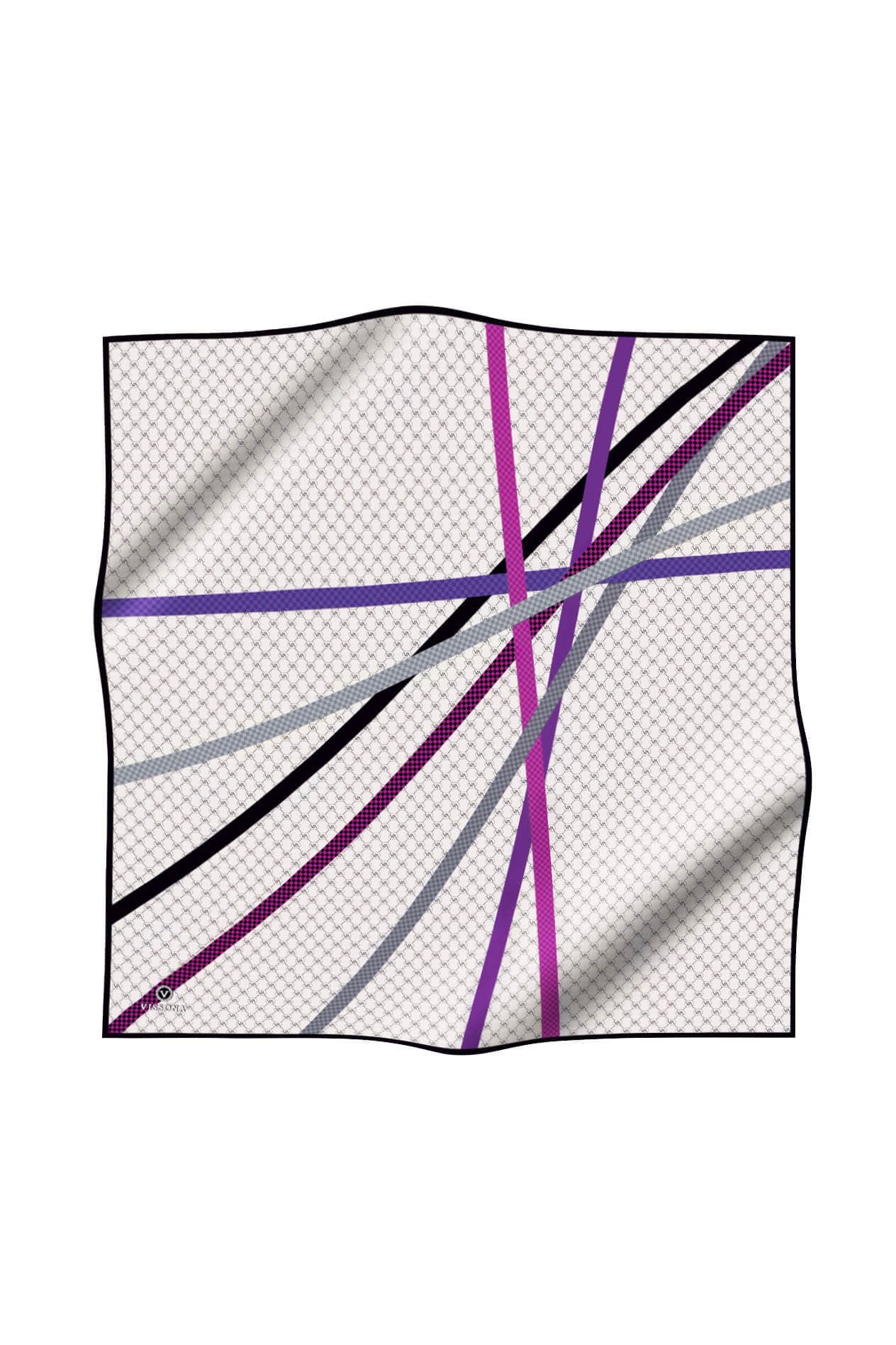 %100 Twill İpek Monogram Ve Şerit Desenli Fuşya - Siyah Renkli 90x90 Eşarp Dikim Şekli : El Dikişi