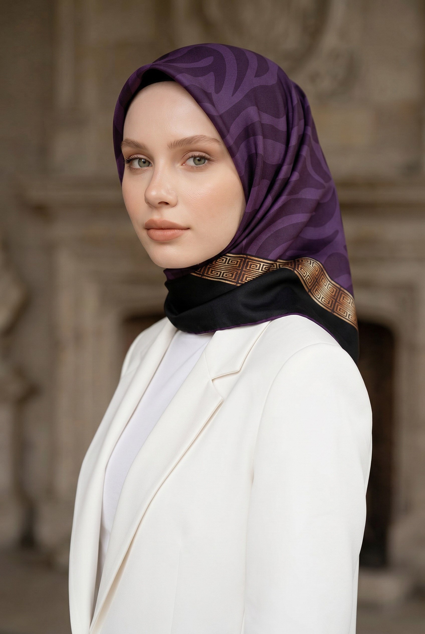 %100 Twill İpek Zebra Desenli Siyah - Mürdüm Renkli 90x90 Eşarp Dikim Şekli : El Dikişi