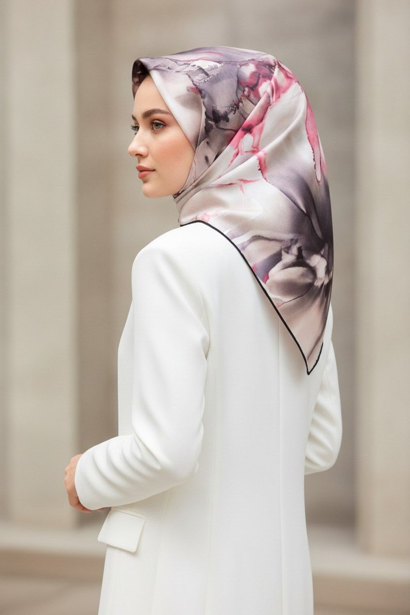 %100 Twill İpek Batik Çiçek Desenli Gri - Pembe Renkli 90x90 Eşarp Kenar Dikiş Şekli El Dikişli