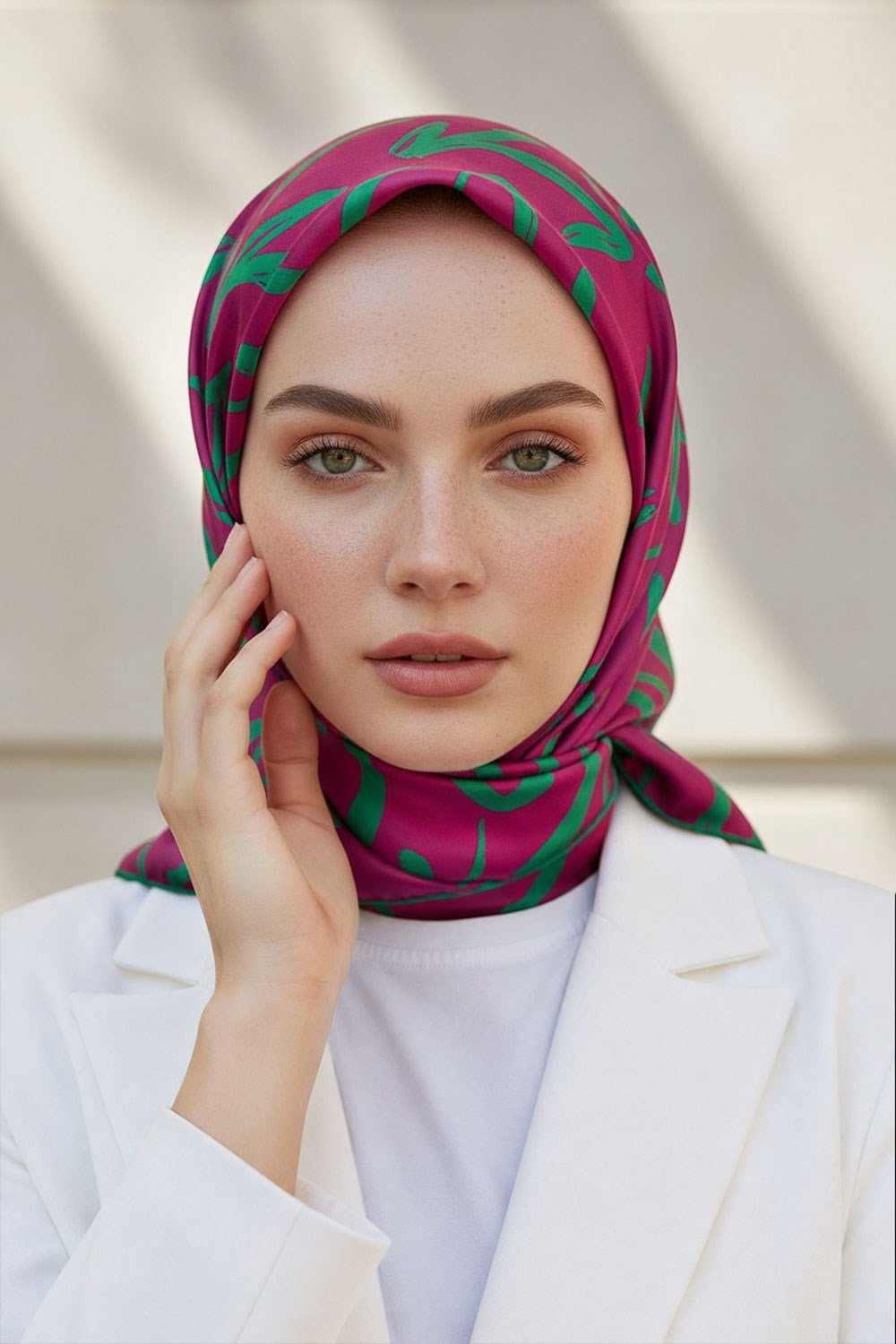 % 57 İPEK % 43 VİSKON Twill İpek Büyük Çiçek Desenli Fuşya - Koyu Mint Yeşili Renkli 90x90 Eşarp Dikim Şekli : El Dikişi