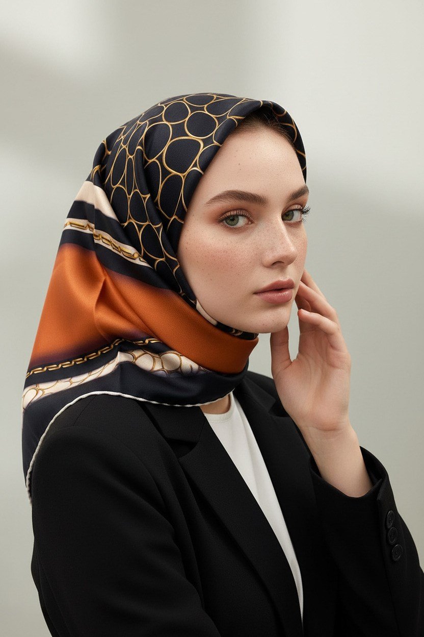 %100 Twill İpek Gold Halka Desenli Taba - Siyah Renkli 90x90 Eşarp Dikim Şekli : El Dikişi