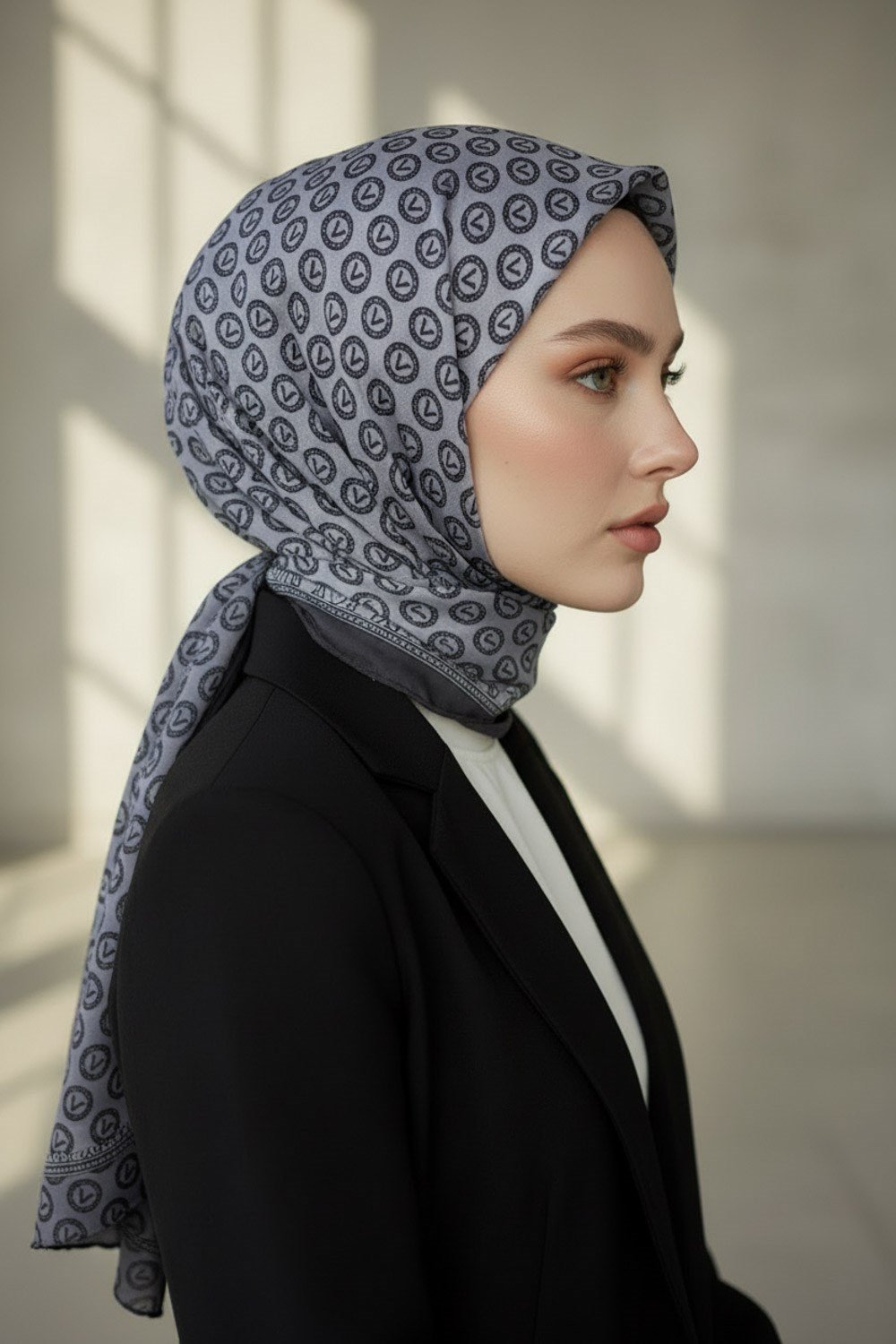 KREP MONOGRAM DESENLİ GRİ RENKLİ 75X195 KIRIŞMAZ ŞAL