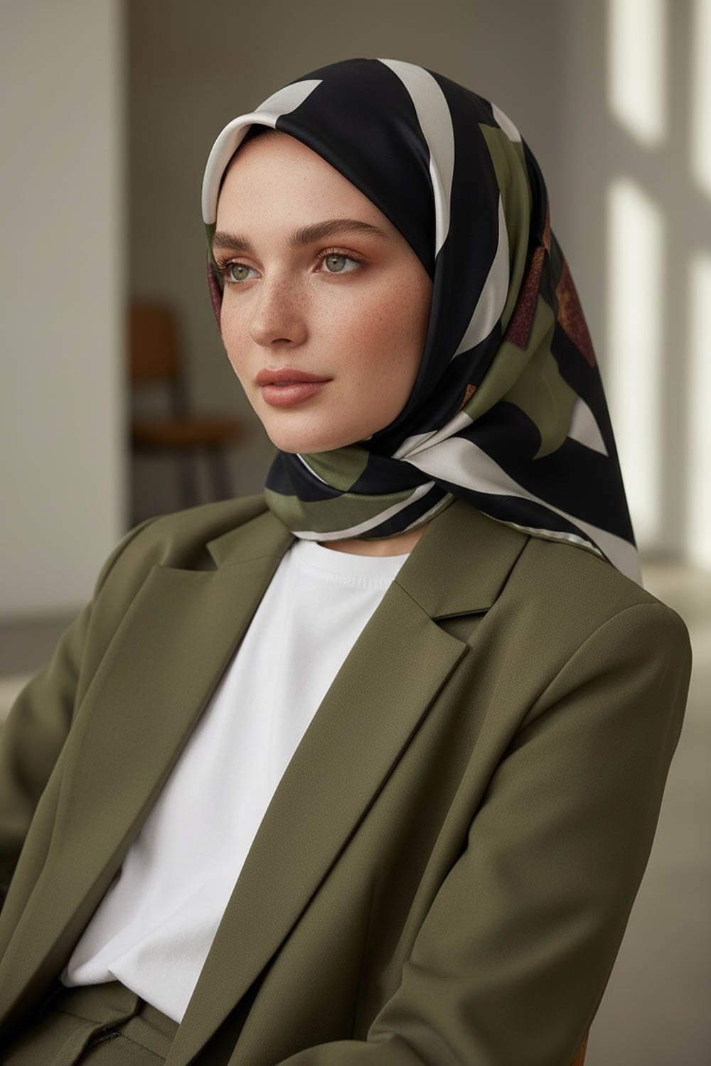 %100 Twill İpek Karo Desenli Haki - Siyah Renkli 90x90 Eşarp Dikim Şekli : El Dikişi
